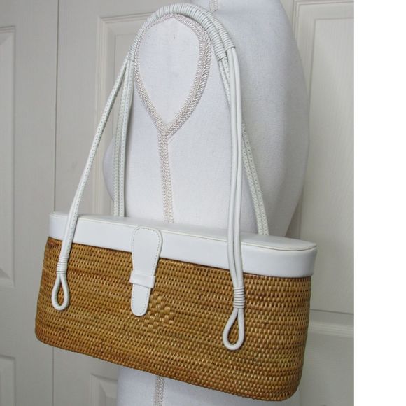 Elliott Lucca Handbags - Elliot Lucca Leather Woven Rattan Shoulder Handbag